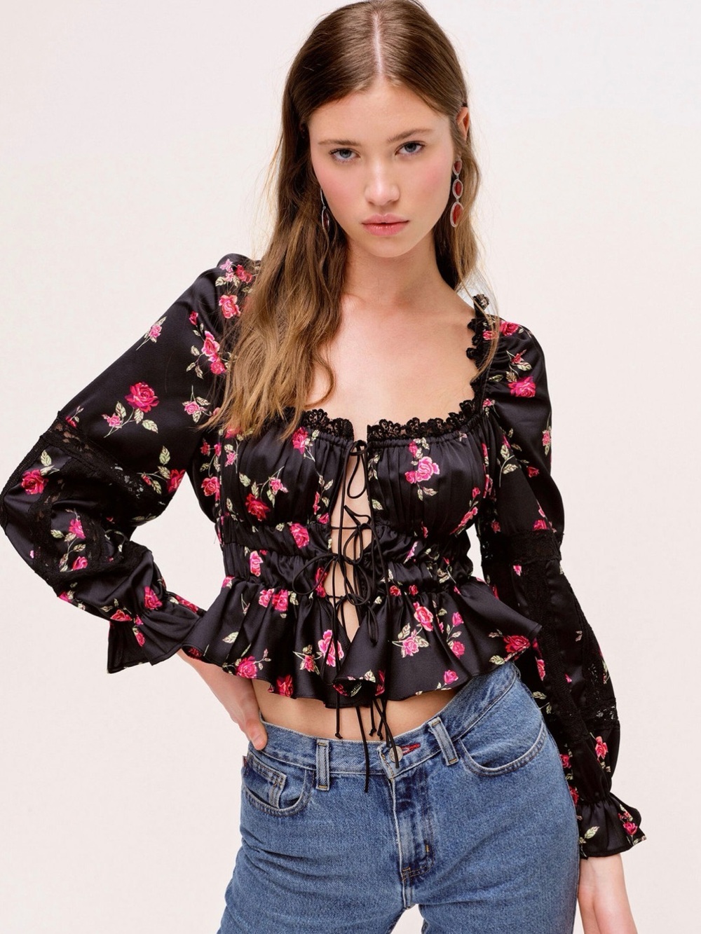 For Love and Lemons Rosie Black Floral Lace-Up Peasant Top NWT